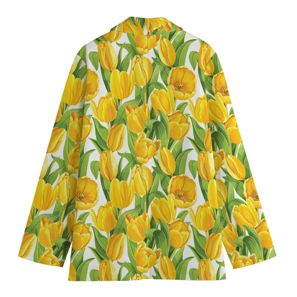 Yellow Spring Tulip Pattern Print Women's Cotton Blazer