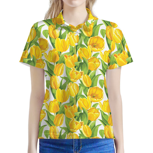 Yellow Spring Tulip Pattern Print Women's Polo Shirt