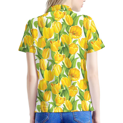 Yellow Spring Tulip Pattern Print Women's Polo Shirt