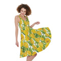 Yellow Spring Tulip Pattern Print Sleeveless Knee Length Dress
