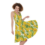 Yellow Spring Tulip Pattern Print Women's Sleeveless Dress