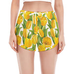 Yellow Spring Tulip Pattern Print Women's Split Running Shorts