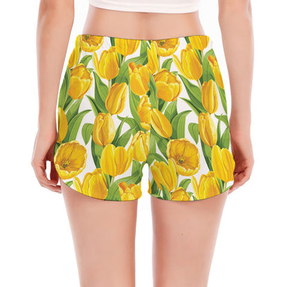 Yellow Spring Tulip Pattern Print Women's Split Running Shorts