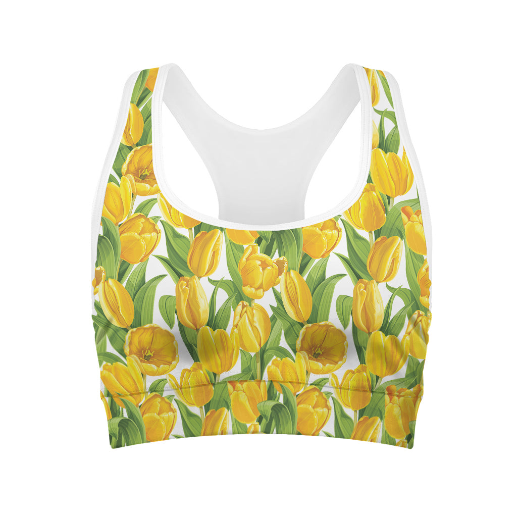 Yellow Spring Tulip Pattern Print Women's Sports Bra