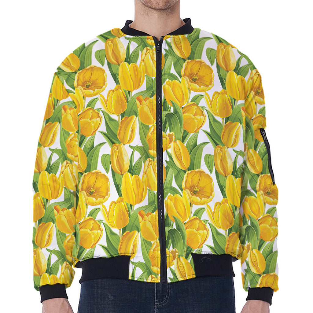 Yellow Spring Tulip Pattern Print Zip Sleeve Bomber Jacket