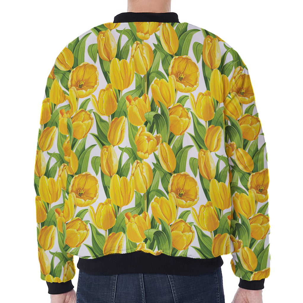 Yellow Spring Tulip Pattern Print Zip Sleeve Bomber Jacket