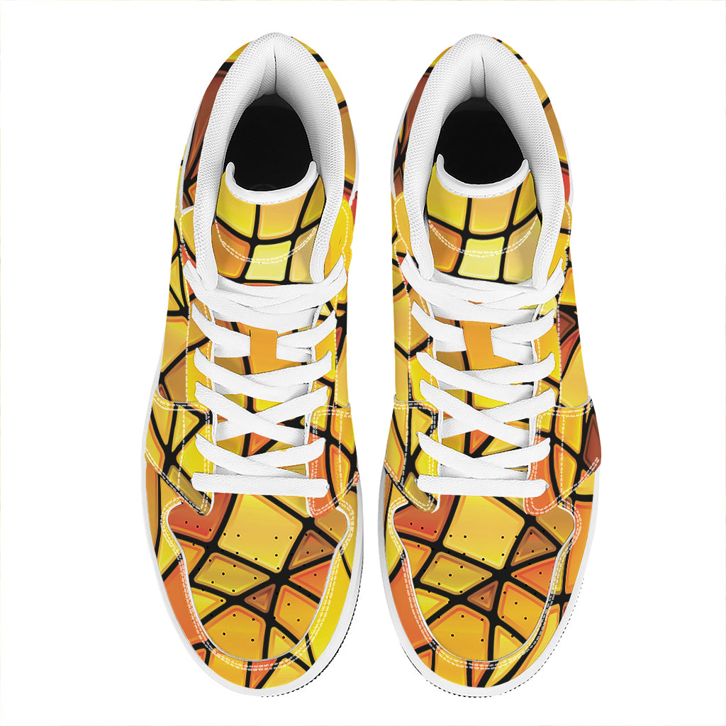Yellow Stained Glass Mosaic Print High Top Leather Sneakers