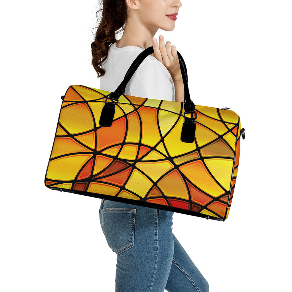 Yellow Stained Glass Mosaic Print Leather Duffle Bag