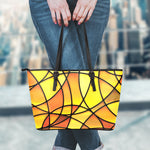 Yellow Stained Glass Mosaic Print Leather Tote Bag