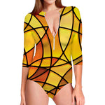 Yellow Stained Glass Mosaic Print Long Sleeve Swimsuit
