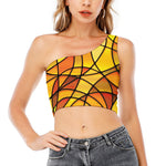Yellow Stained Glass Mosaic Print One Shoulder Crop Top