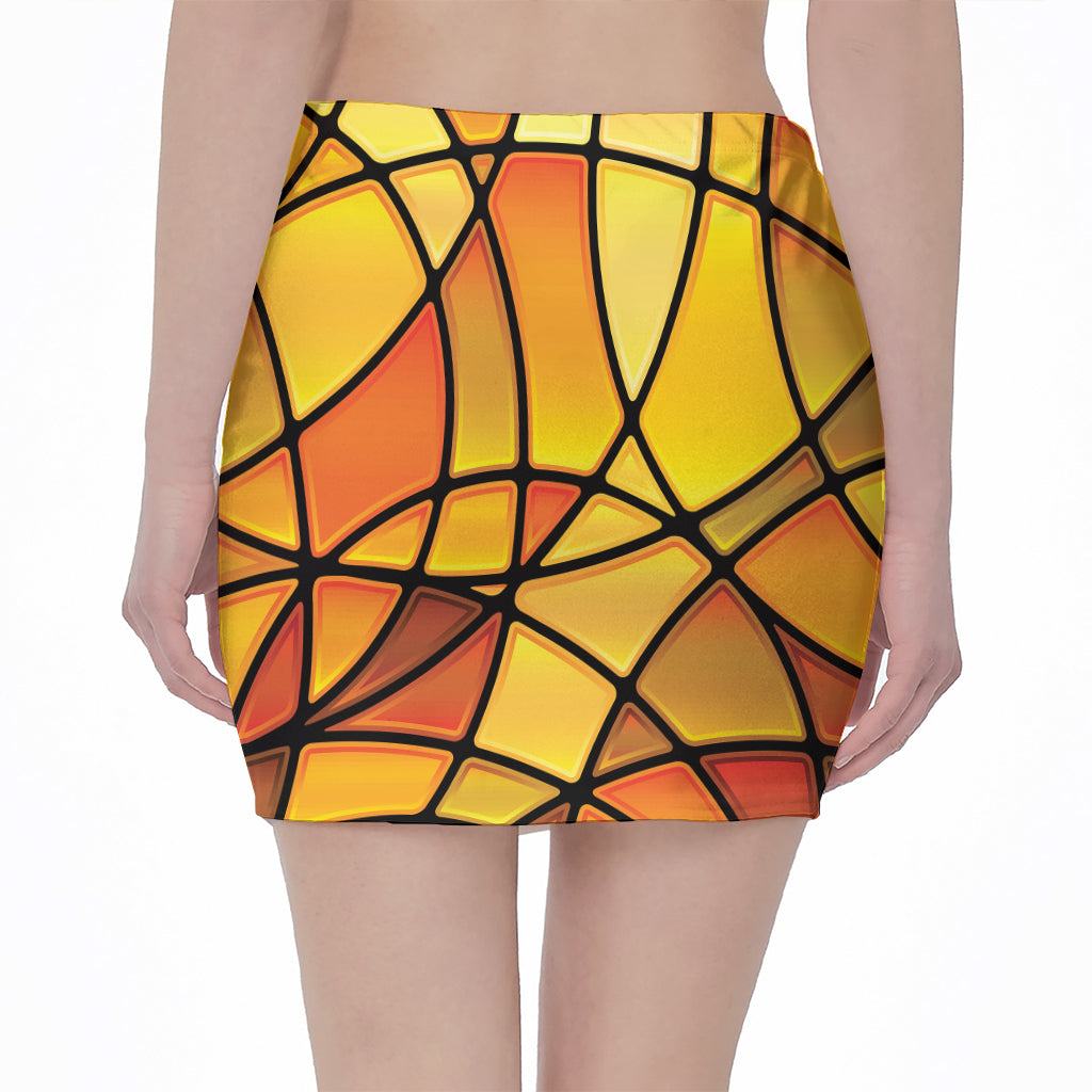 Yellow Stained Glass Mosaic Print Pencil Mini Skirt