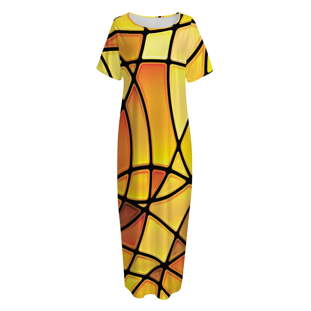 Yellow Stained Glass Mosaic Print Short Sleeve Long Nightdress