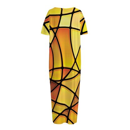 Yellow Stained Glass Mosaic Print Short Sleeve Long Nightdress