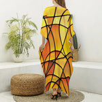 Yellow Stained Glass Mosaic Print Silk V-Neck Kaftan Dress