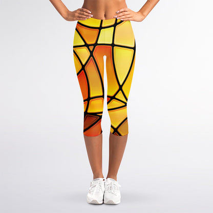 Yellow Stained Glass Mosaic Print Women's Capri Leggings