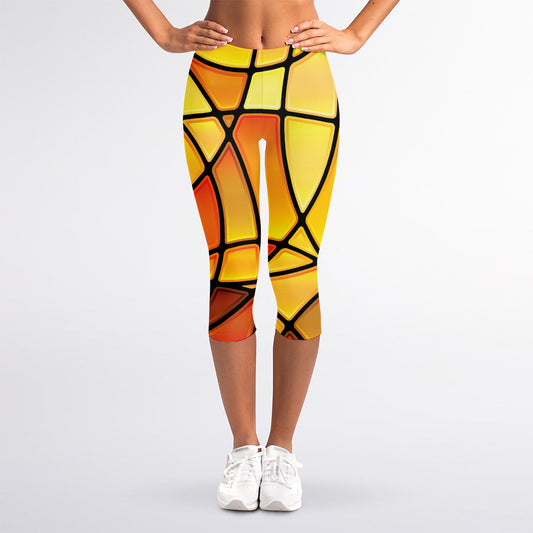 Yellow Stained Glass Mosaic Print Women's Capri Leggings