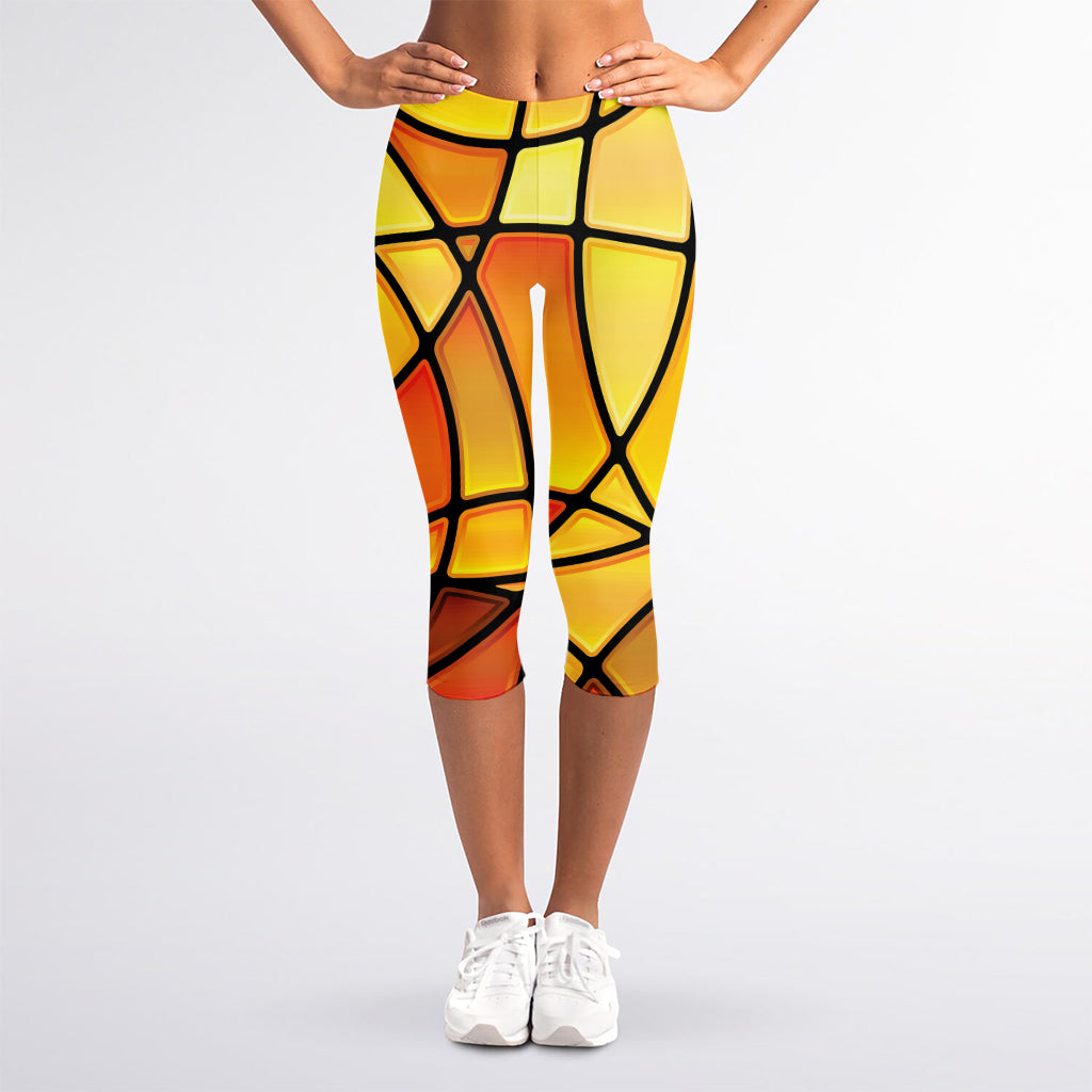 Yellow Stained Glass Mosaic Print Women's Capri Leggings