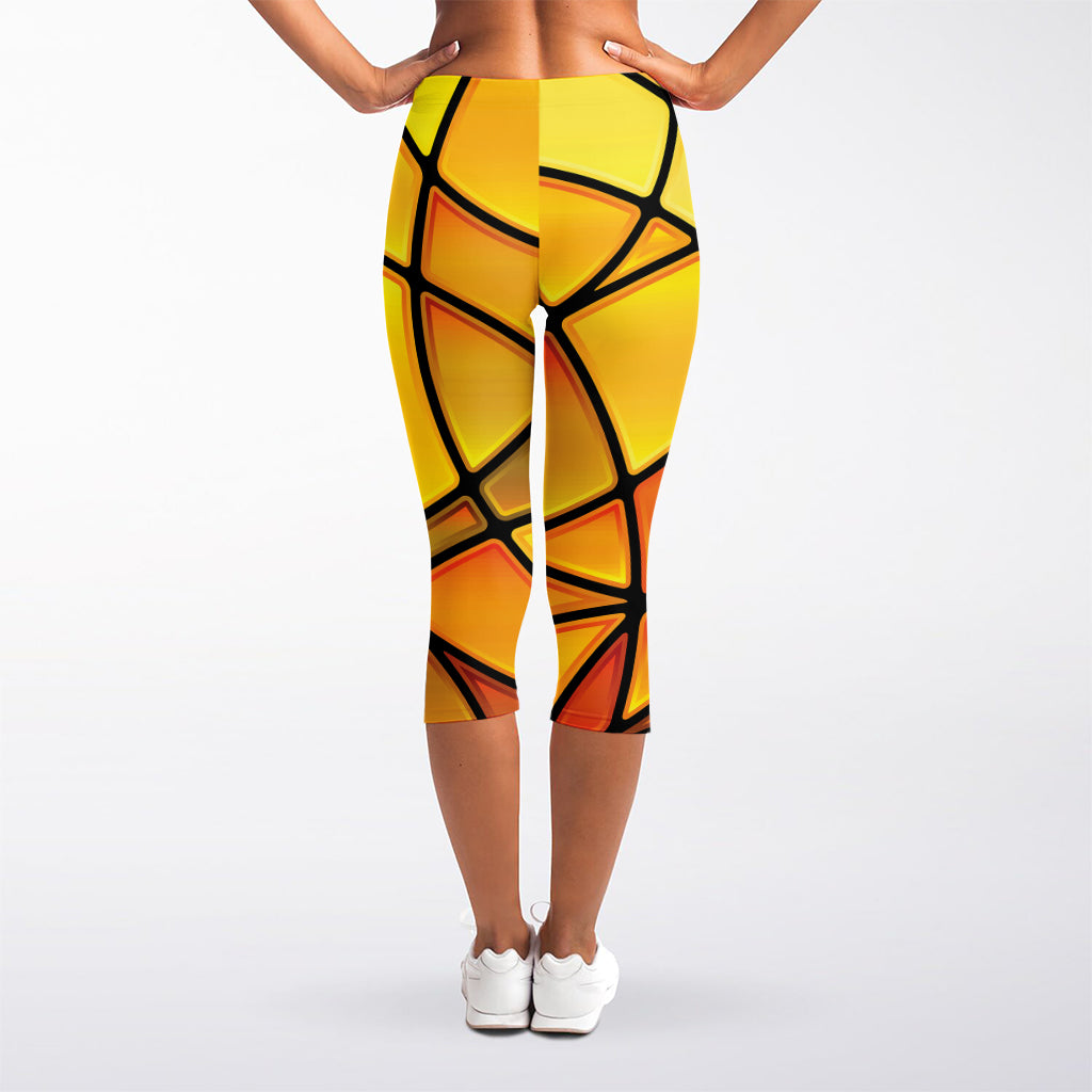 Yellow Stained Glass Mosaic Print Women's Capri Leggings