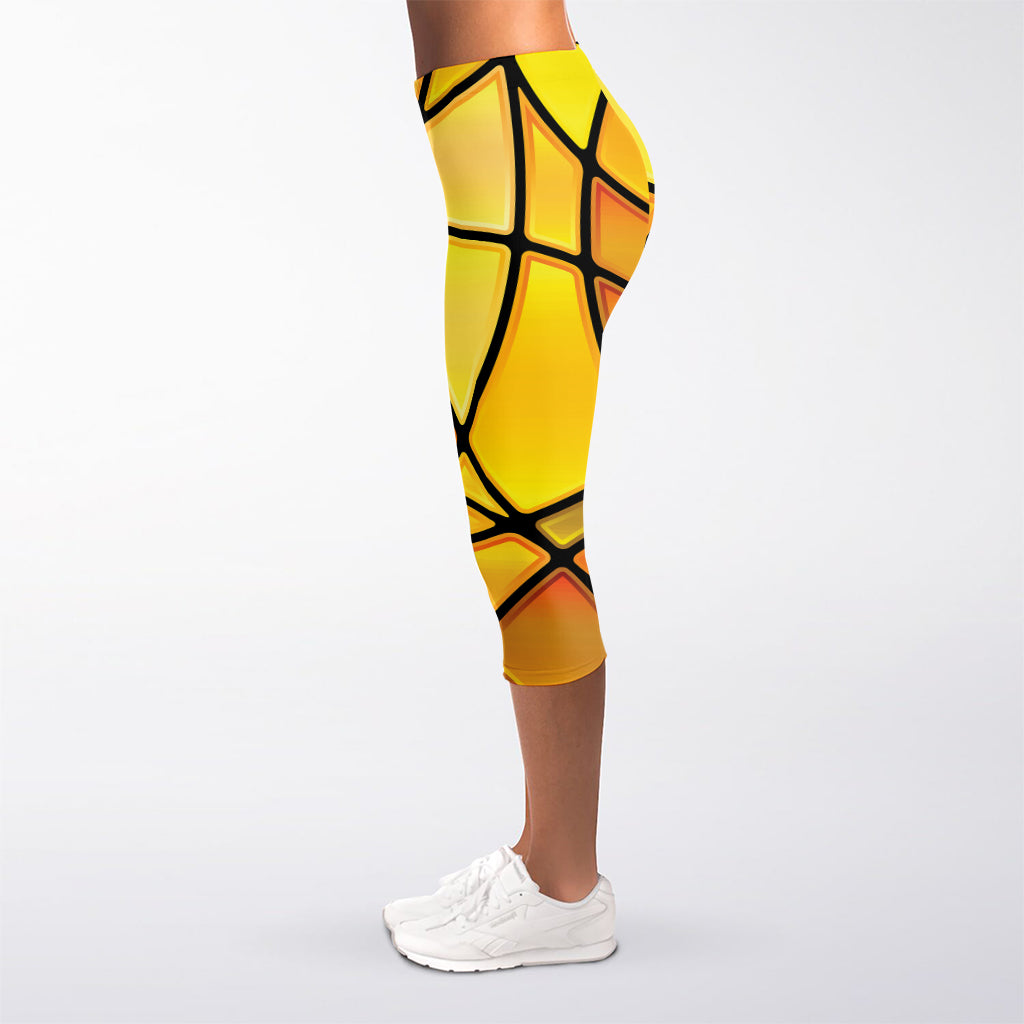 Yellow Stained Glass Mosaic Print Women's Capri Leggings