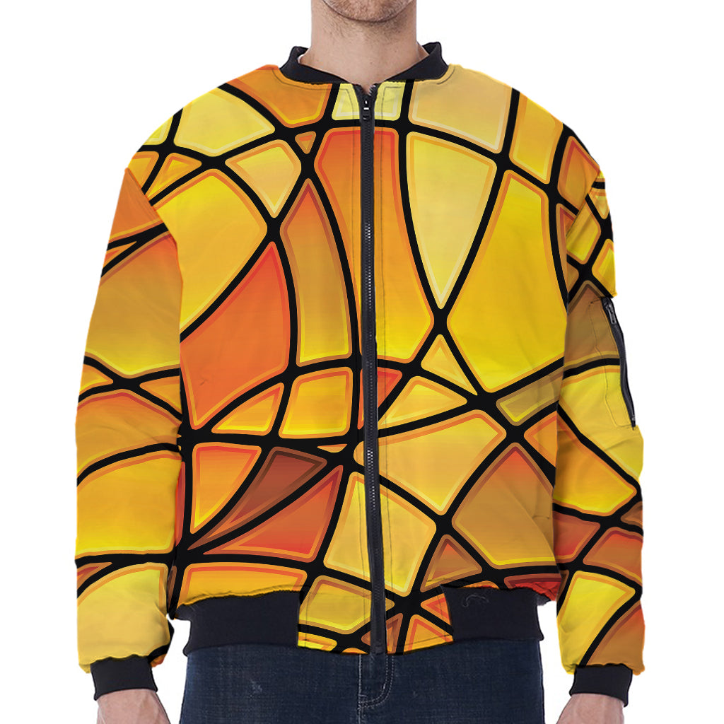 Yellow Stained Glass Mosaic Print Zip Sleeve Bomber Jacket
