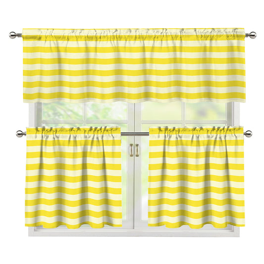 Yellow Striped Pattern Print 3 Piece Kitchen Curtains