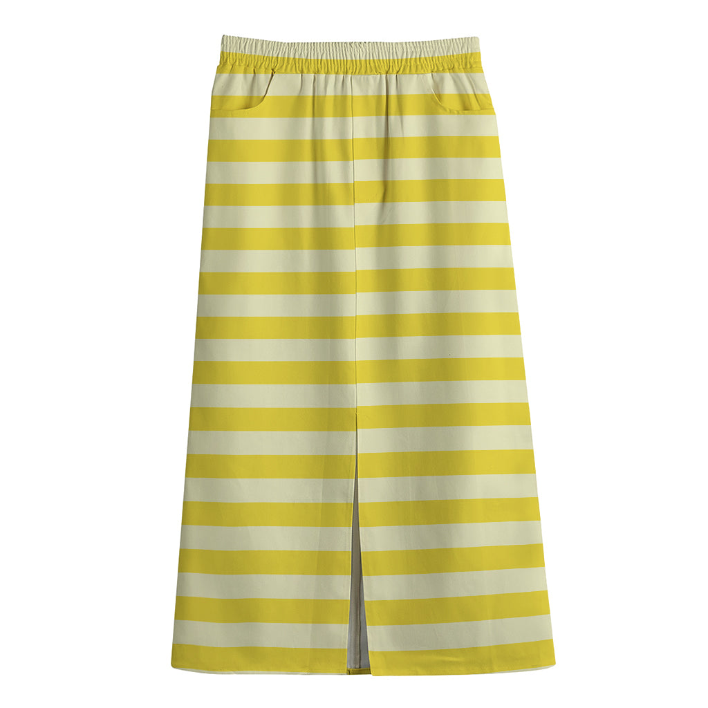Yellow Striped Pattern Print Cotton Front Slit Maxi Skirt