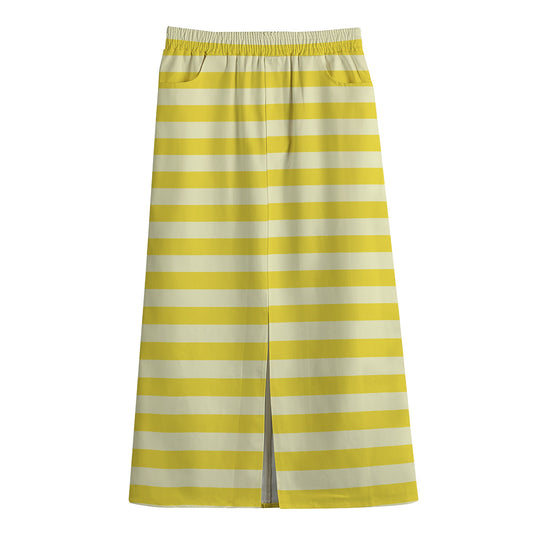 Yellow Striped Pattern Print Cotton Front Slit Maxi Skirt
