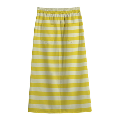 Yellow Striped Pattern Print Cotton Front Slit Maxi Skirt