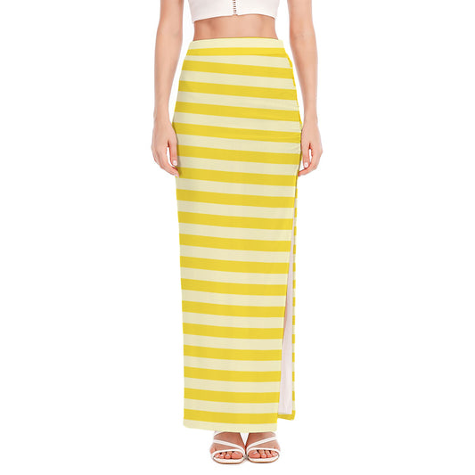 Yellow Striped Pattern Print High Slit Maxi Skirt