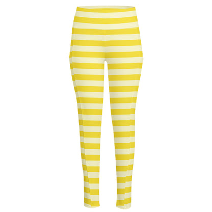 Yellow Striped Pattern Print High-Waisted Pocket Leggings