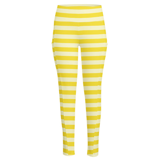 Yellow Striped Pattern Print High-Waisted Pocket Leggings