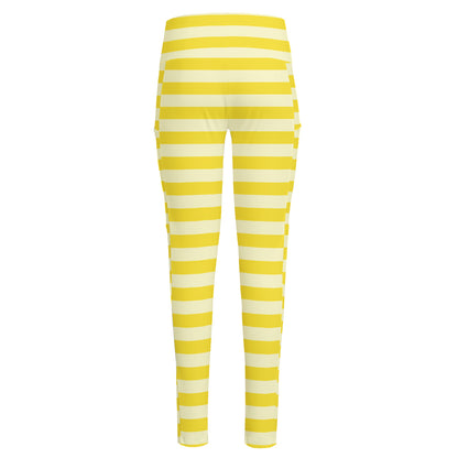Yellow Striped Pattern Print High-Waisted Pocket Leggings