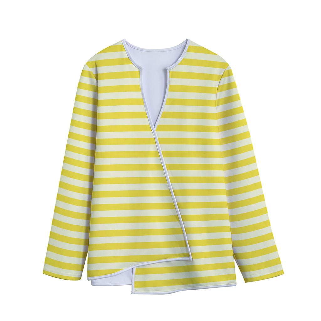 Yellow Striped Pattern Print Long Sleeve Short Coat