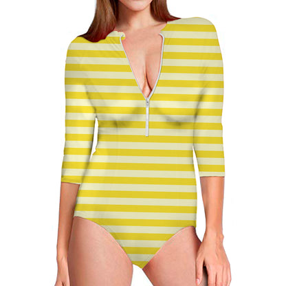 Yellow Striped Pattern Print Long Sleeve Swimsuit