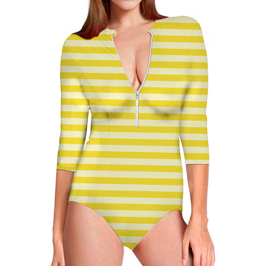 Yellow Striped Pattern Print Long Sleeve Swimsuit