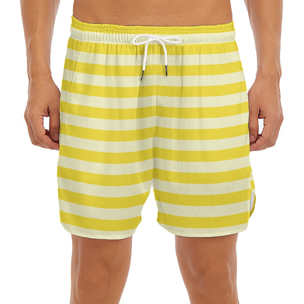 Yellow Striped Pattern Print Men's Split Running Shorts