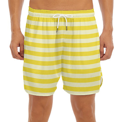 Yellow Striped Pattern Print Men's Split Running Shorts
