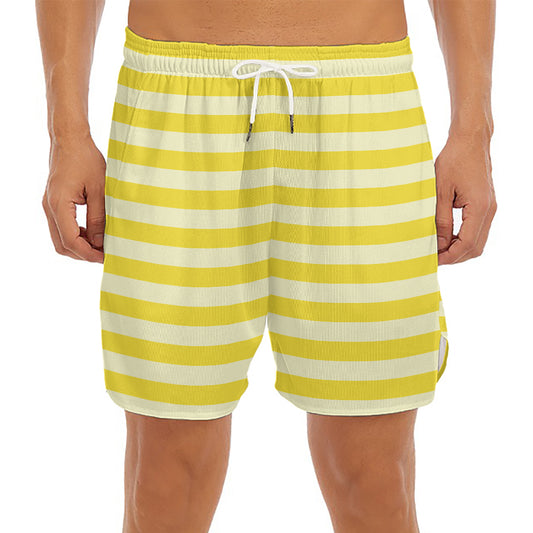 Yellow Striped Pattern Print Men's Split Running Shorts