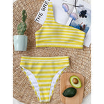 Yellow Striped Pattern Print One Shoulder Bikini Top