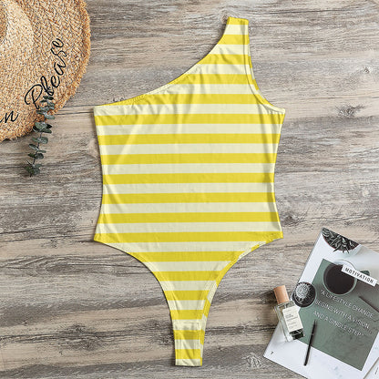 Yellow Striped Pattern Print One Shoulder Bodysuit