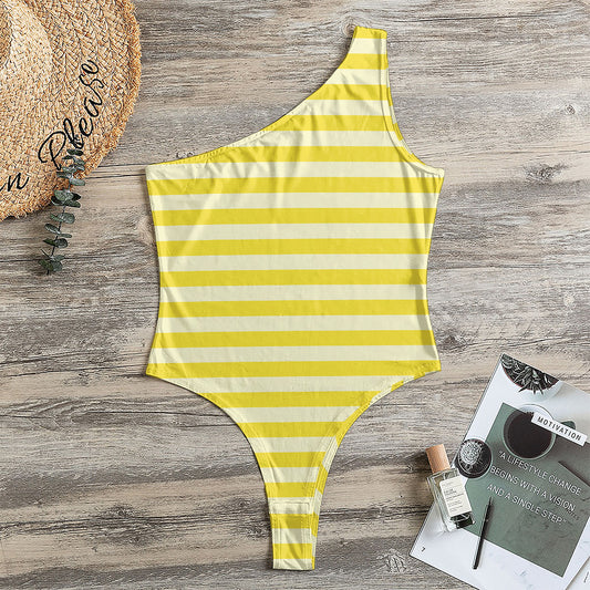 Yellow Striped Pattern Print One Shoulder Bodysuit