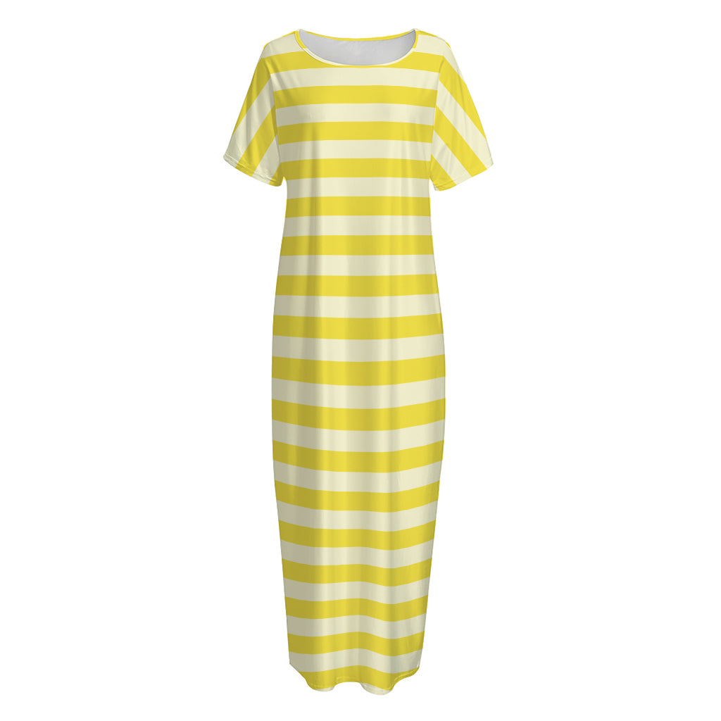 Yellow Striped Pattern Print Short Sleeve Long Nightdress