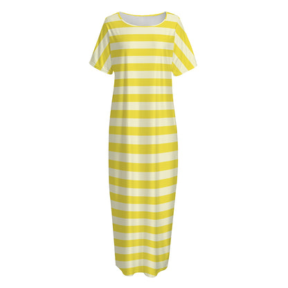 Yellow Striped Pattern Print Short Sleeve Long Nightdress