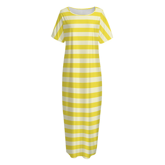 Yellow Striped Pattern Print Short Sleeve Long Nightdress