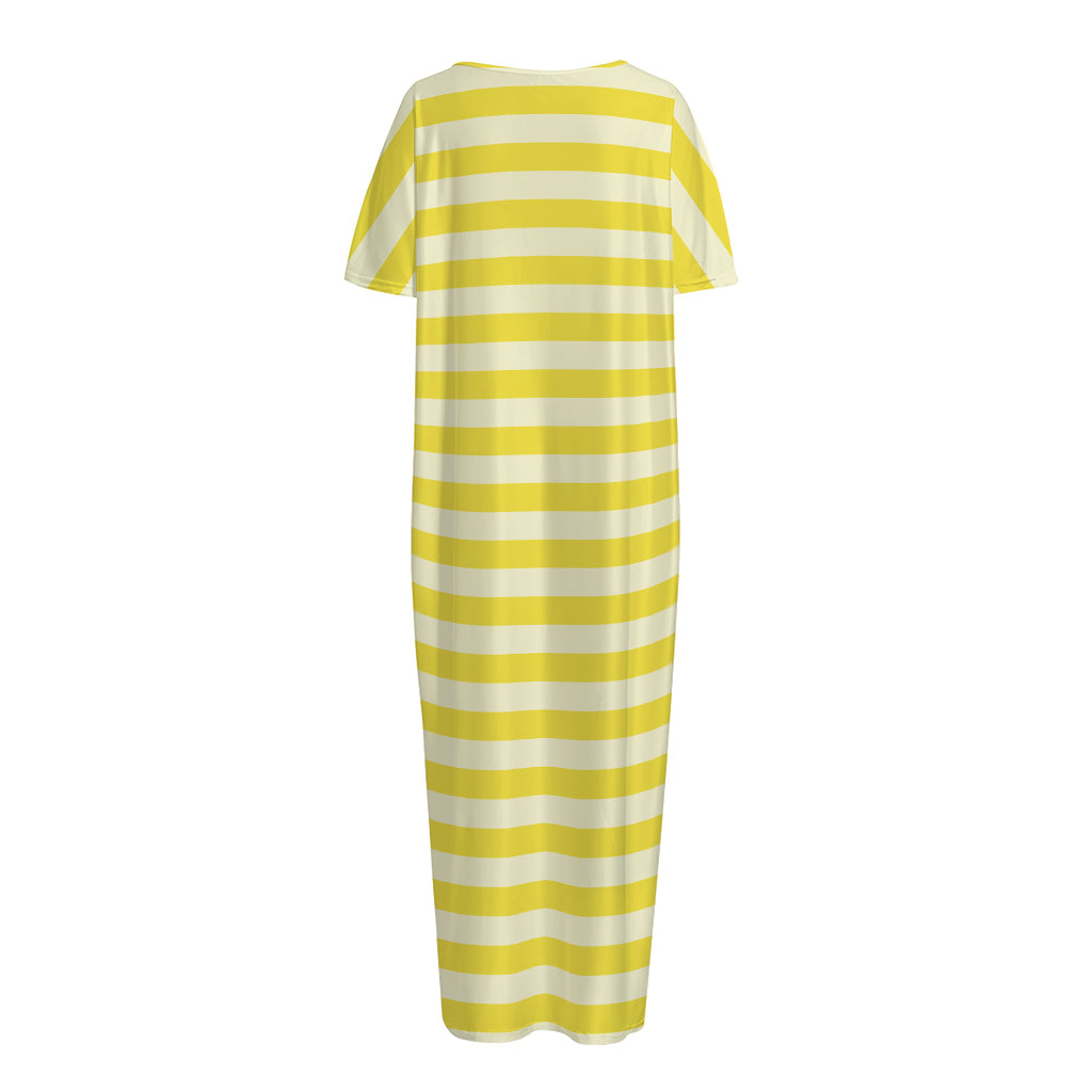 Yellow Striped Pattern Print Short Sleeve Long Nightdress