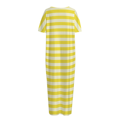 Yellow Striped Pattern Print Short Sleeve Long Nightdress