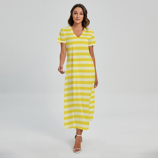 Yellow Striped Pattern Print Short Sleeve Maxi Dress