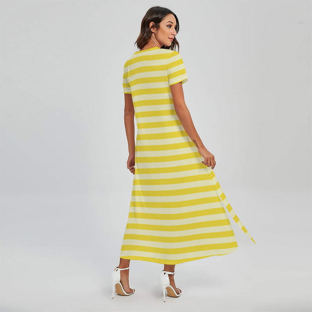 Yellow Striped Pattern Print Short Sleeve Maxi Dress