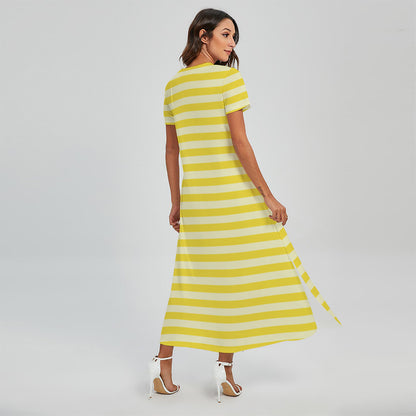 Yellow Striped Pattern Print Short Sleeve Maxi Dress